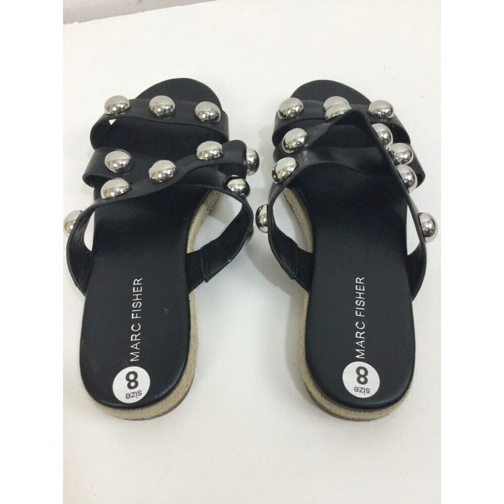 Marc Fisher Prisca Espadrille Silver Studded Slip On Slides Sandals Black Size 8